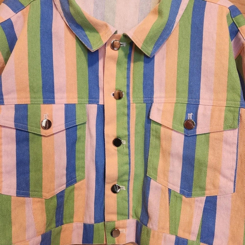 DAISY STREET CROPPED MULTI COLOR STRIPE ALL COTTON TRUCKER JACKET SIZE MEDIUM - Picture 9 of 12